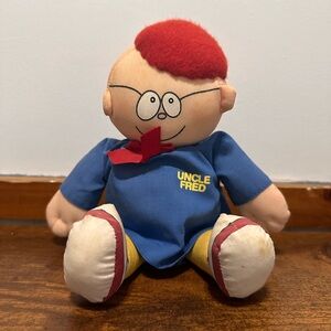 Vintage -Uncle Fred Plush Toy with Red Hair and Blue Outfit-comes with newspaper